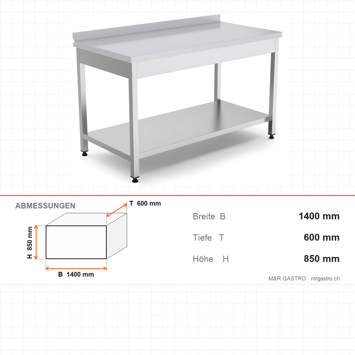 Edelstahl Arbeitstisch, 1400×600×850 mm, mit Aufkantung, höhenverstellbar – Abmessungen