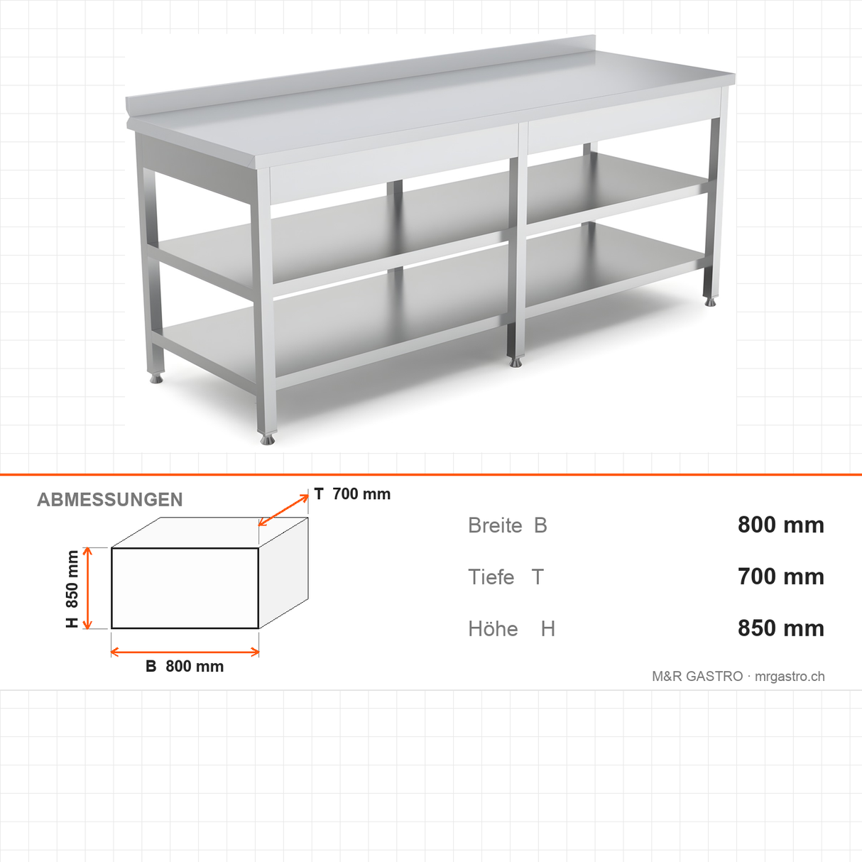 Edelstahl Arbeitstisch, 800×700×850 mm, mit Zwischenboden, Aufkantung, höhenverstellbar – Abmessungen
