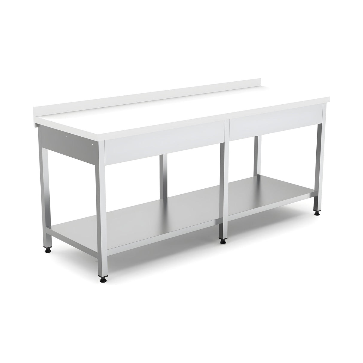 Edelstahl Arbeitstisch, 800×700×850 mm, mit Grundboden, Aufkantung, Polyethylen-Arbeitsplatte, höhenverstellbar – Produktbild