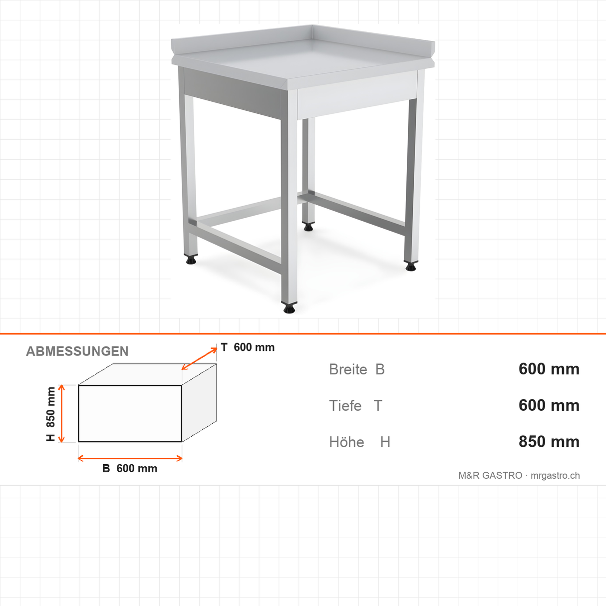 Edelstahl Eck-Arbeitstisch, mit Zwischenboden, links, 600×600×850 mm – Abmessungen
