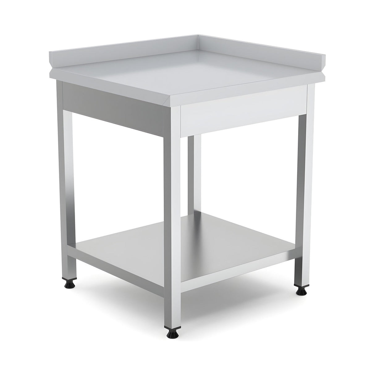 Edelstahl Eck-Arbeitstisch, mit Zwischenboden, links, 600×600×850 mm – Produktbild