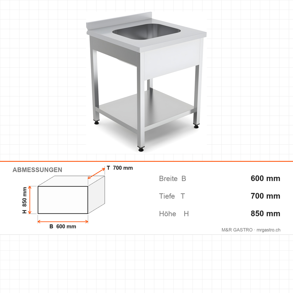 Spültisch, 1 Becken, 600×700×850 mm, mit Grundboden, mit Aufkantung – Abmessungen