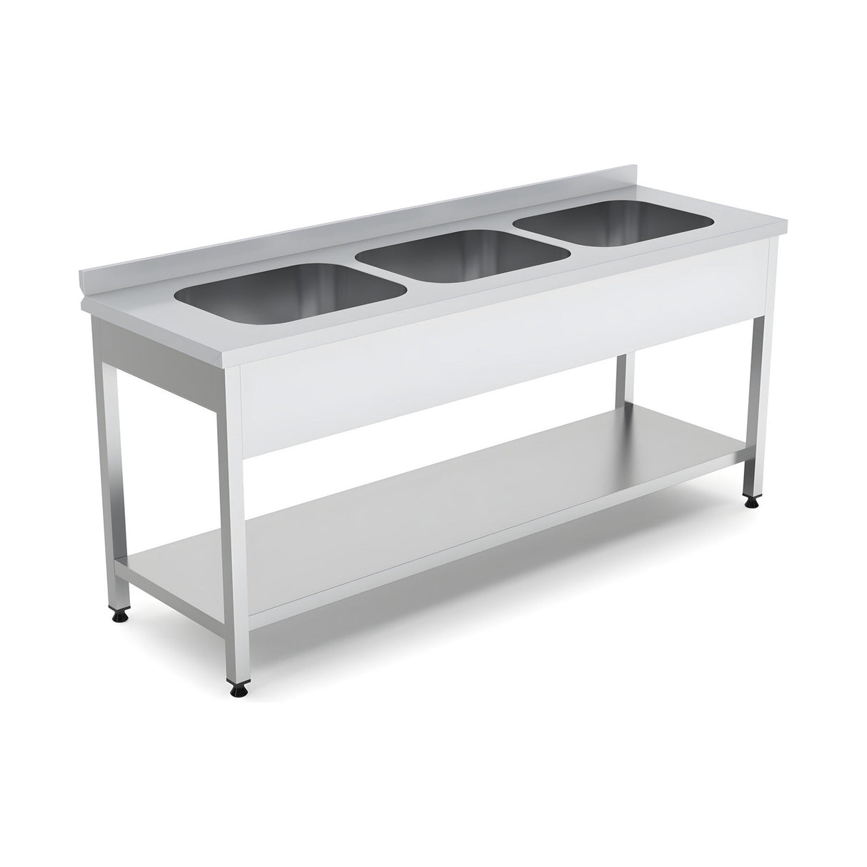 Spültisch, 3 Becken, 2000×700×850 mm, mit Grundboden, mit Aufkantung – Produktbild