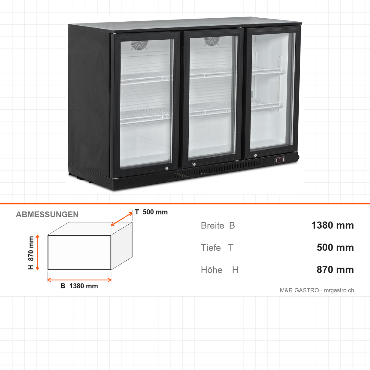 Flaschenkühler, 3 Türen, 310 L, 1380×500×870 mm – Abmessungen