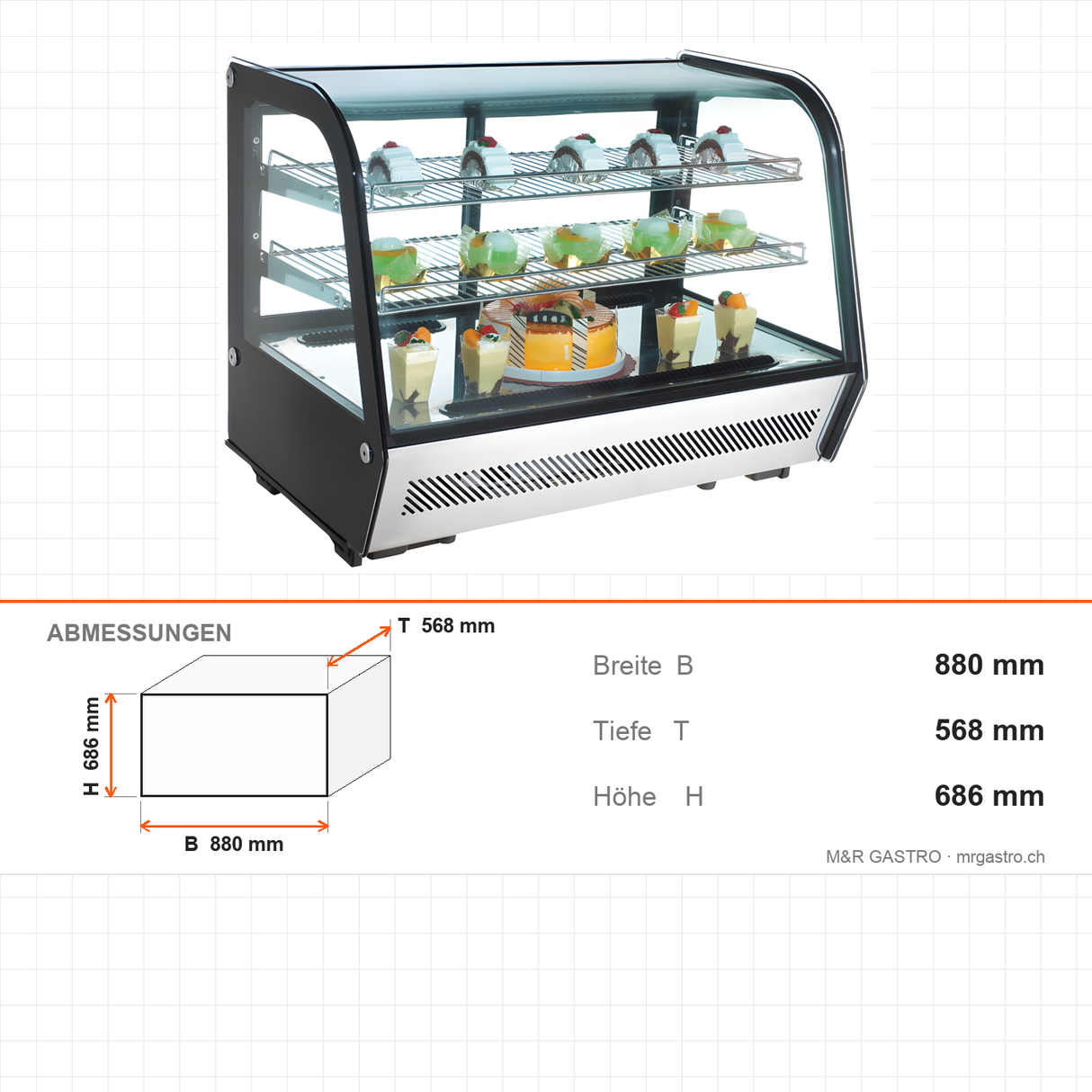 Kühlvitrine, 160 l, Doppelglas, LED-Beleuchtung, 0/+12 °C, 2 Ablagen, 880×568×686 mm – Abmessungen