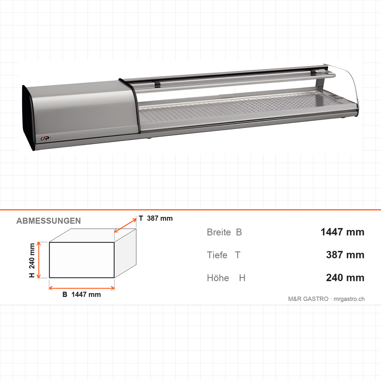 Sushivitrine, 6 GN 1/3, gebogenes Sicherheitsglas, LED-Beleuchtung, -1/+1 °C, 1447×387×240 mm – Abmessungen