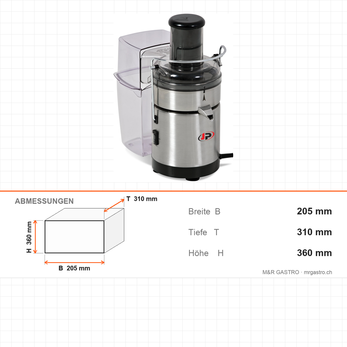 Zitruspresse, Edelstahl, automatische Tresterentfernung, Turbo-Taste, 6300 U/min, 430 W, 205×310×360 mm – Abmessungen