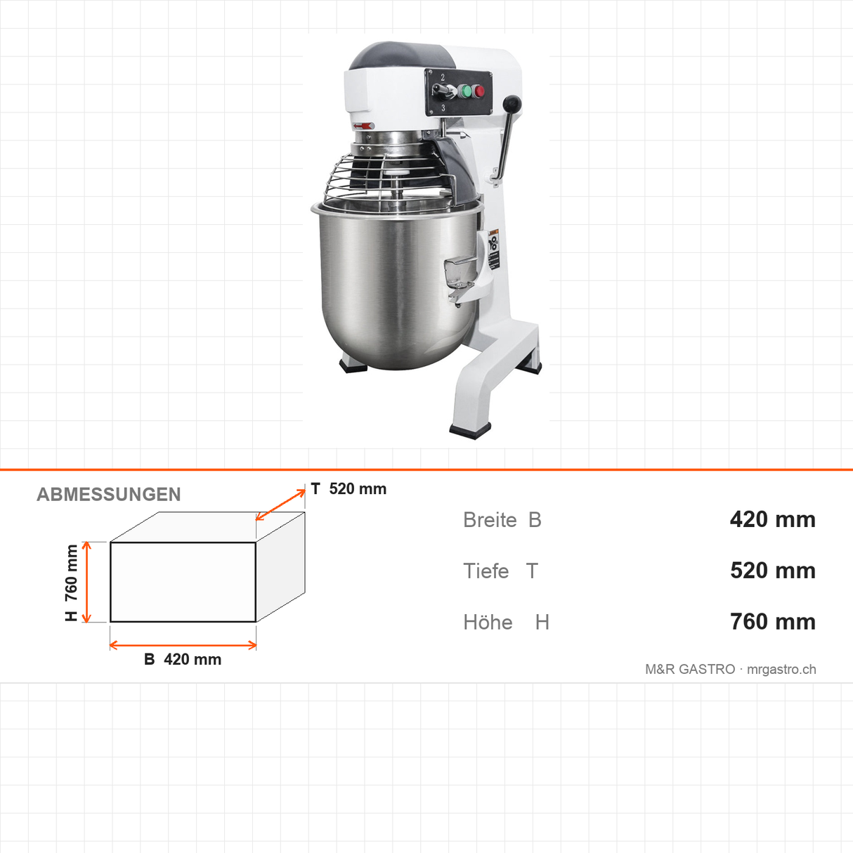 Planeten-Rührmaschine, 20 L, 3 Geschwindigkeiten, 0,75 kW, 230V, 420×520×760 mm – Abmessungen