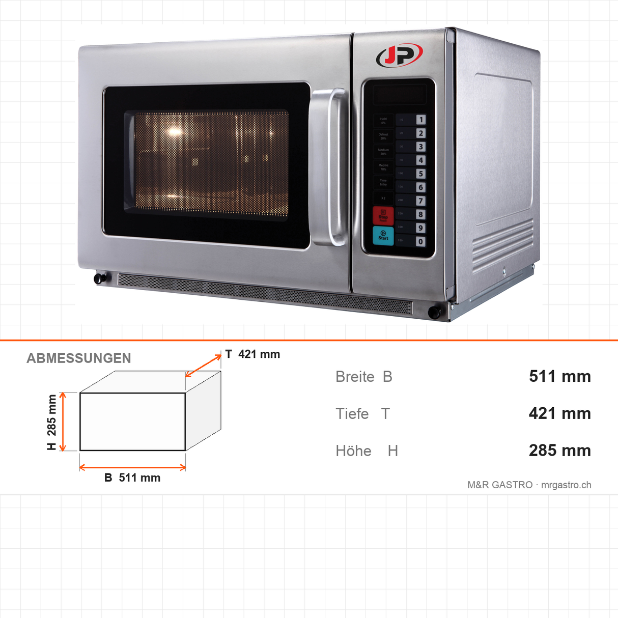 Mikrowelle gewerblich, 25 Liter, 1 kW, Touchscreen, Timer, Edelstahl, 511×421×285 mm – Abmessungen