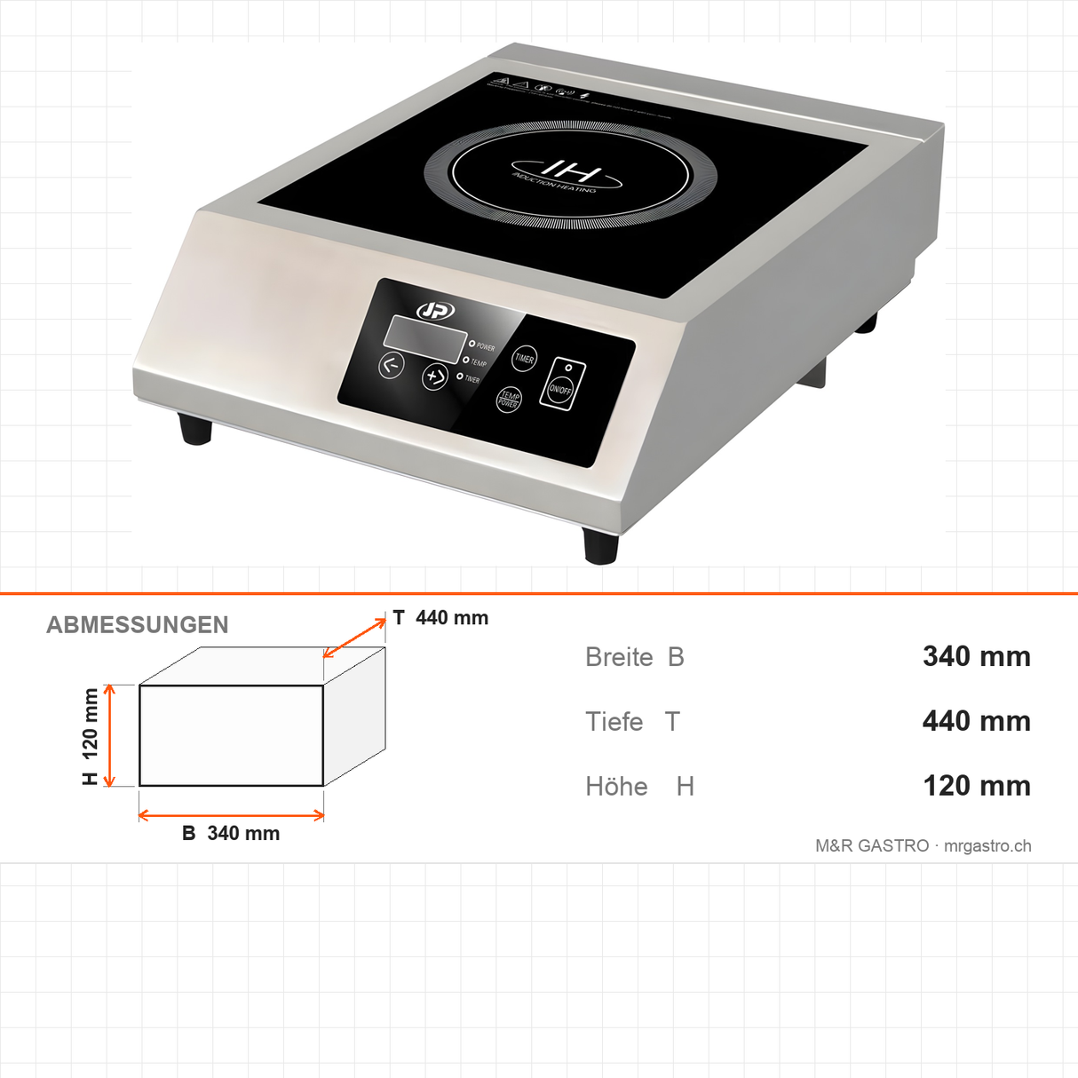 Induktionsherd, 1 Zone, 0,5–3 kW, Keramik-Kochfeld, Timer, 340×440×120 mm, Edelstahl – Abmessungen