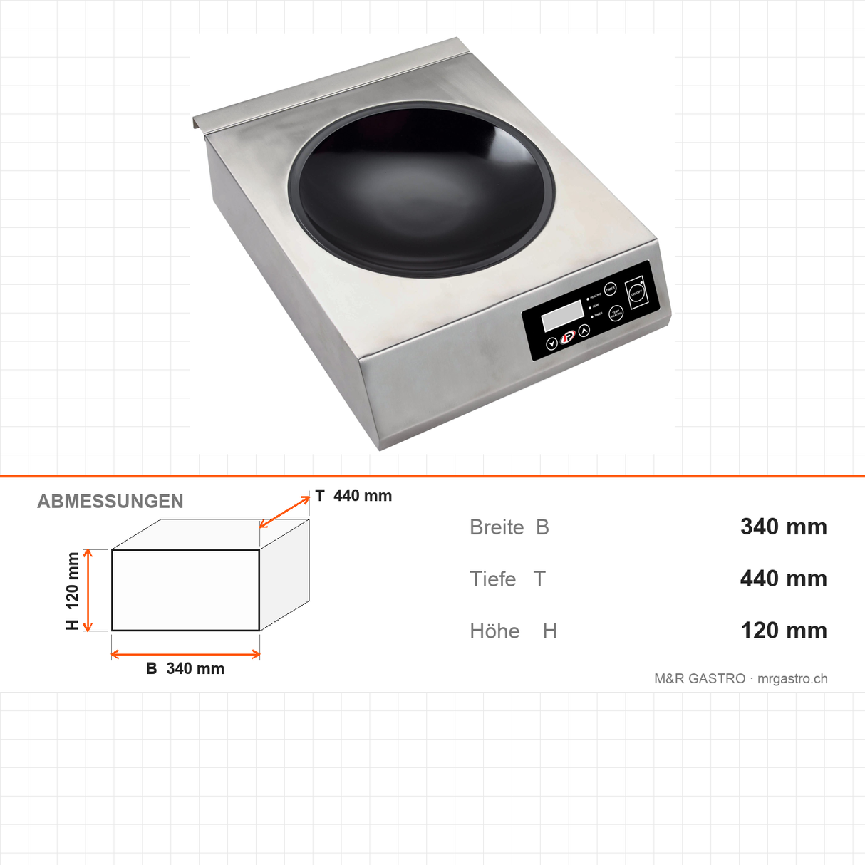 Induktions-Wok-Kocher, 1 Mulde, 0,5–3 kW, Keramikplatte, Timer, 340×440×120 mm, Edelstahl – Abmessungen