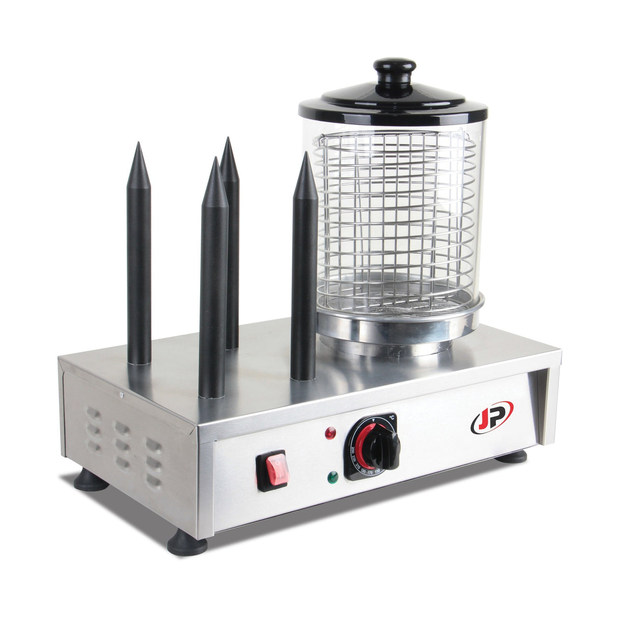 Hot Dog Maker, 4 Spieße, 0,75 kW, Edelstahl, Glaszylinder zum Warmhalten, Temperatur einstellbar, 300×480×445 mm – Produktbild