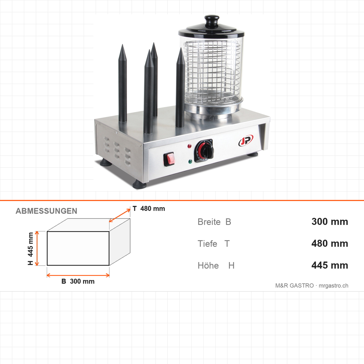 Hot Dog Maker, 4 Spieße, 0,75 kW, Edelstahl, Glaszylinder zum Warmhalten, Temperatur einstellbar, 300×480×445 mm – Abmessungen