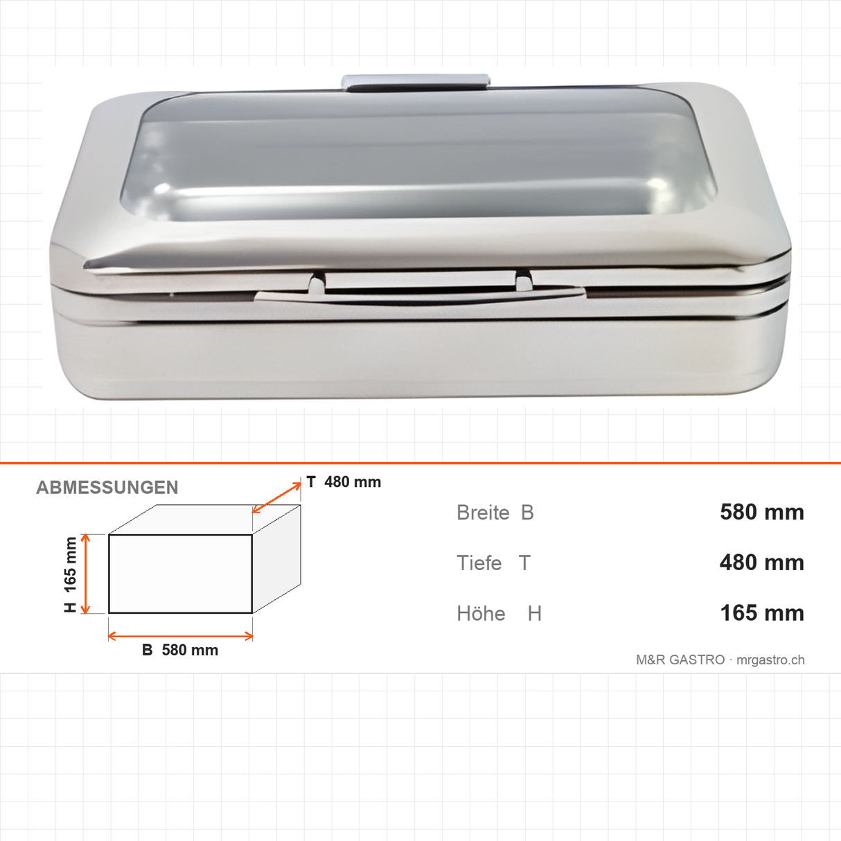 Bain-Marie rechteckig GN 1/1, Glasdeckel, Induktionsboden, 580×480×165 mm – Abmessungen
