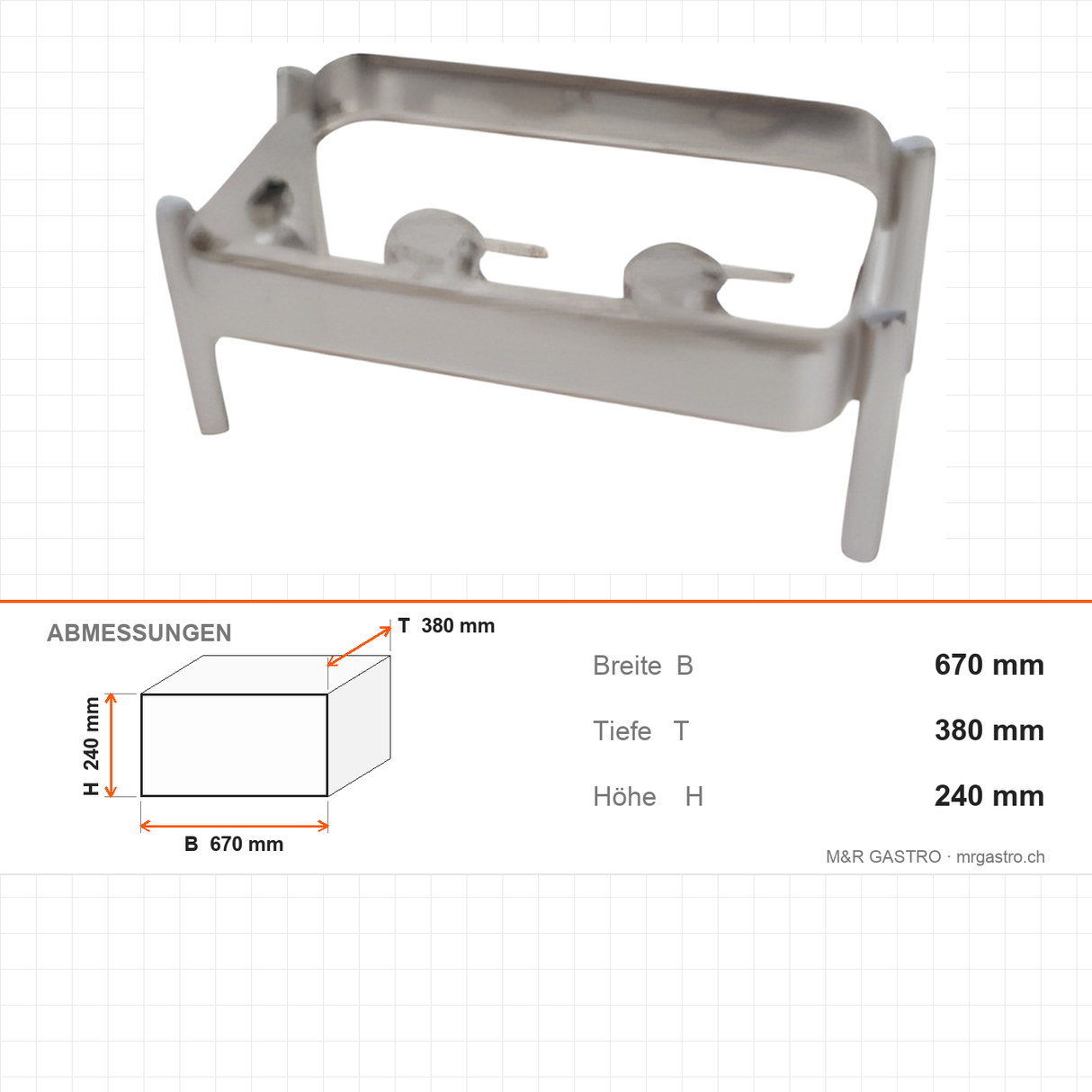 Chafing-Dish-Untergestell, GN 1/1, rechteckig, 670×380×240 mm – Abmessungen