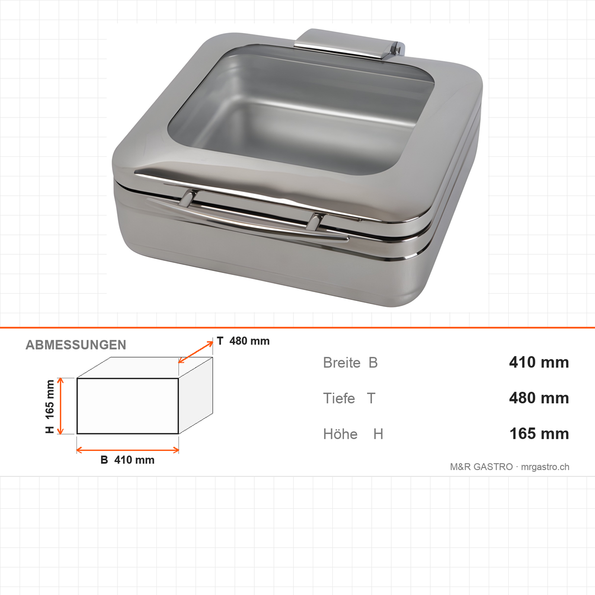 Chafing-Dish quadratisch GN 2/3, Glasdeckel, Induktionsboden, 410×480×165 mm – Abmessungen