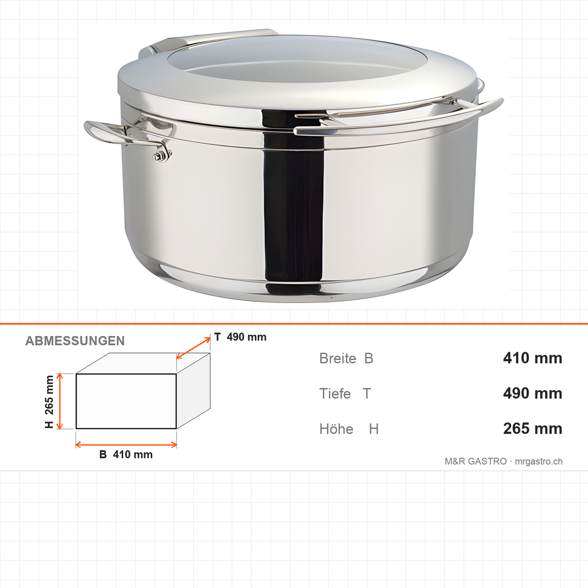 Suppenschüssel rund, 12 l, Induktionsboden, Glasdeckel, 410×490×265 mm – Abmessungen