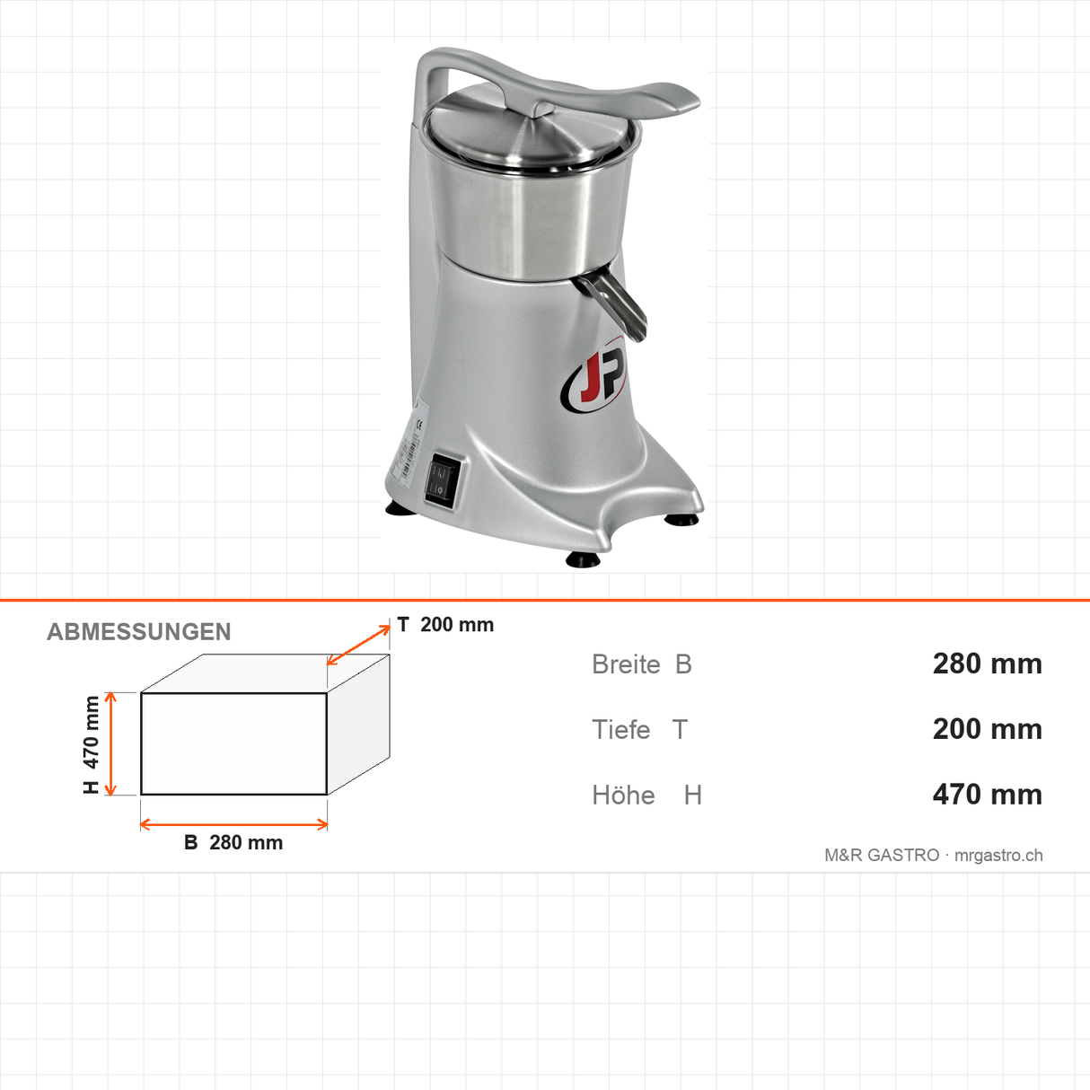 Orangensaftpresse, Edelstahl, mit oberem Behälter, leise, energiesparend, 980 U/min, 230 W, 280×200×470 mm – Abmessungen