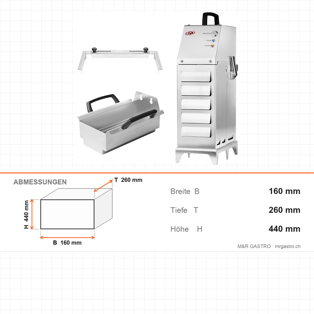 Speiseölfilter, mobil, automatische Filtration, 50 l/min bis 180 °C, Edelstahl, 160×260×440 mm – Abmessungen