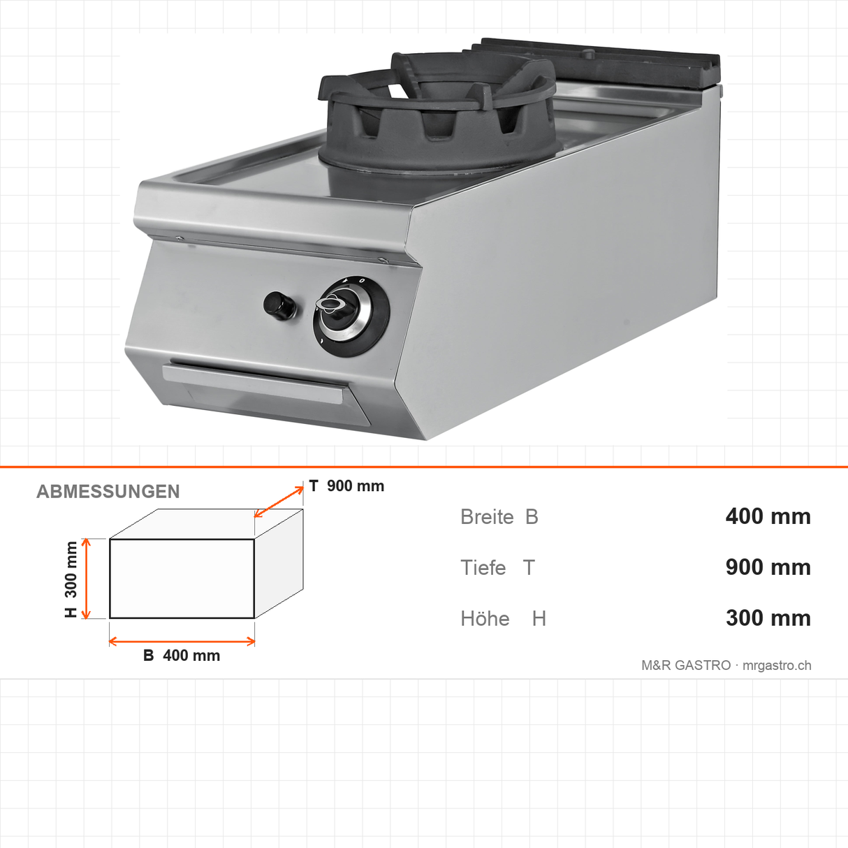 Gas-Wok, 1 Brenner, 18 kW, Gusseisenbrenner, Piezozündung, Edelstahl, 400×900×300 mm, Serie 900 – Abmessungen