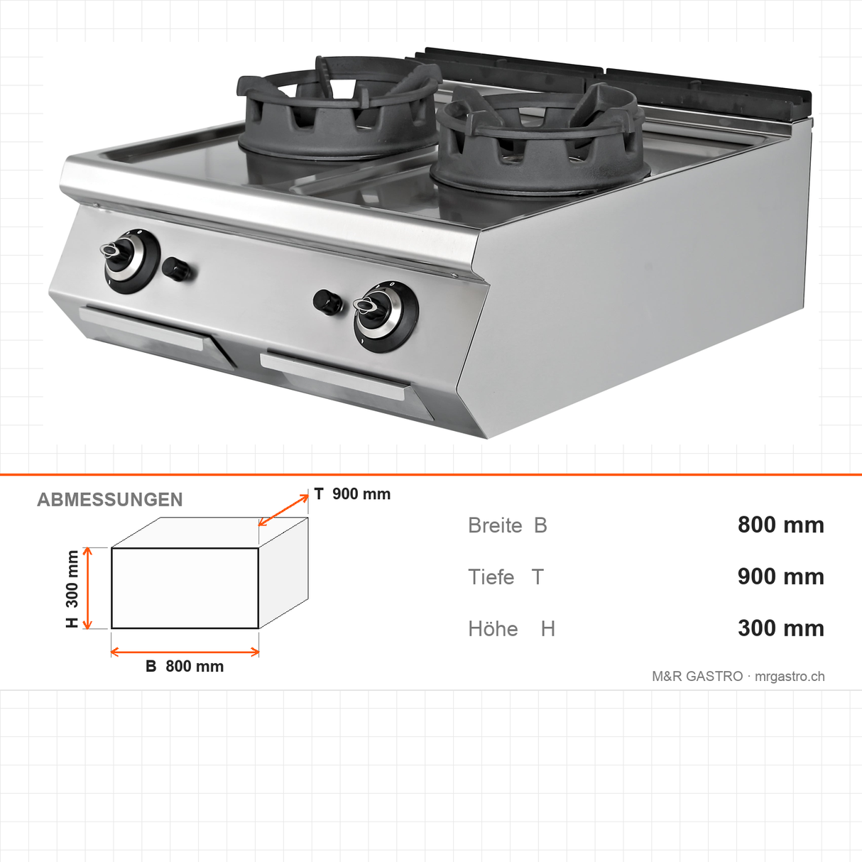 Gas-Wok, 2 Brenner, 36 kW, Gusseisenbrenner, Piezozündung, Edelstahl, 800×900×300 mm, Serie 900 – Abmessungen