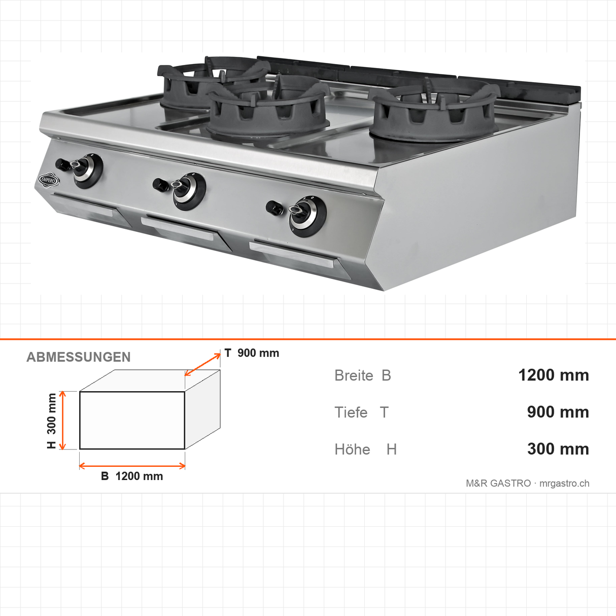 Gas-Wok, 3 Brenner, 54 kW, Gusseisenbrenner, Piezozündung, Edelstahl, 1200×900×300 mm, Serie 900 – Abmessungen