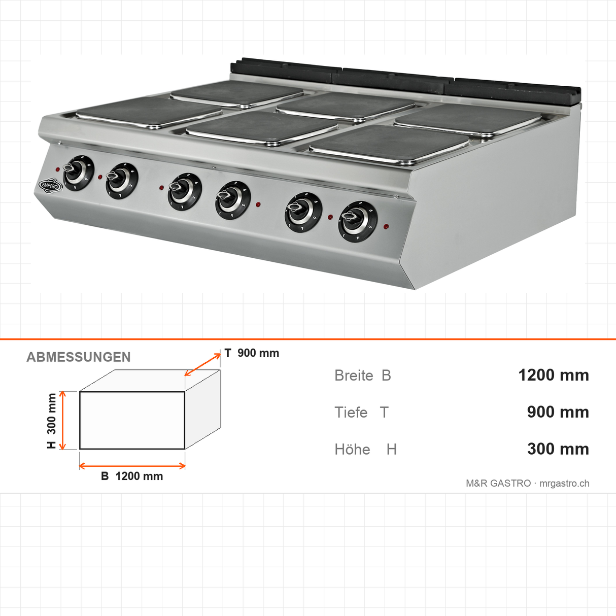 Elektroherd, 6 Kochplatten, 16,8 kW, 6-stufiger Schalter, 400V, Edelstahl, 1200×900×300 mm, Serie 900 – Abmessungen