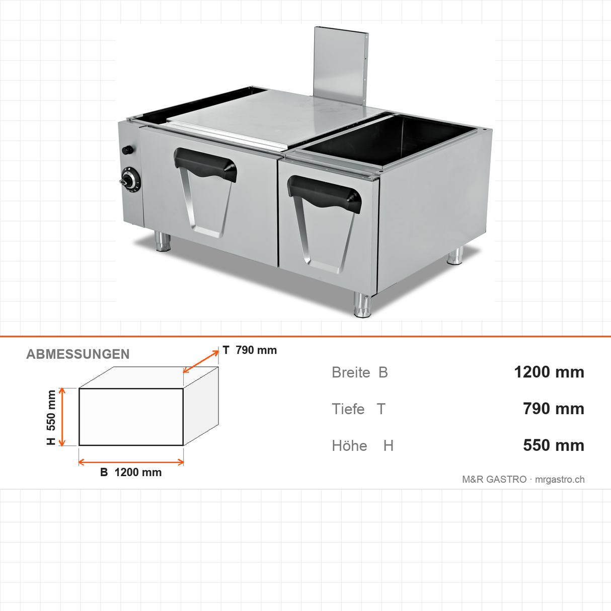Elektro-Backofen, 9 kW, 2x GN 2/1, Edelstahl-Garraum, 400V, 1200×790×550 mm, Serie 900 – Abmessungen