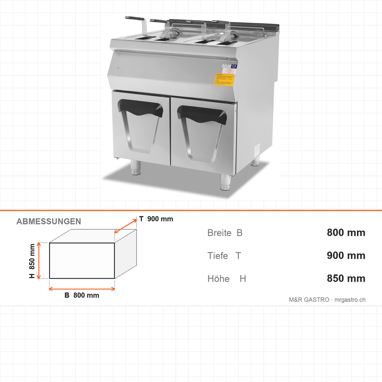 Gasfritteuse, 2x 24 Liter, 34,82 kW, Edelstahlkörbe, Ablassventil, Edelstahl, 800×900×850 mm, Serie 900 – Abmessungen