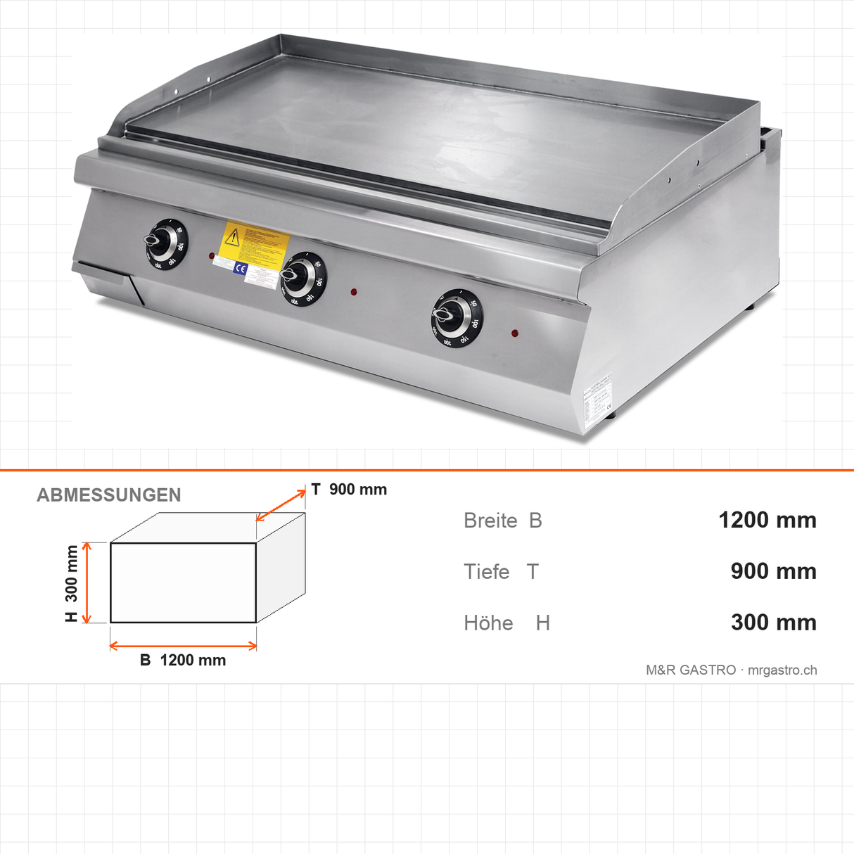 Elektrogrill, glatte und gerippte verchromte Bratplatte, 18 kW, 2 Heizzonen, Thermostat, 400V, Edelstahl, 1200×900×300 mm, Serie 900 – Abmessungen