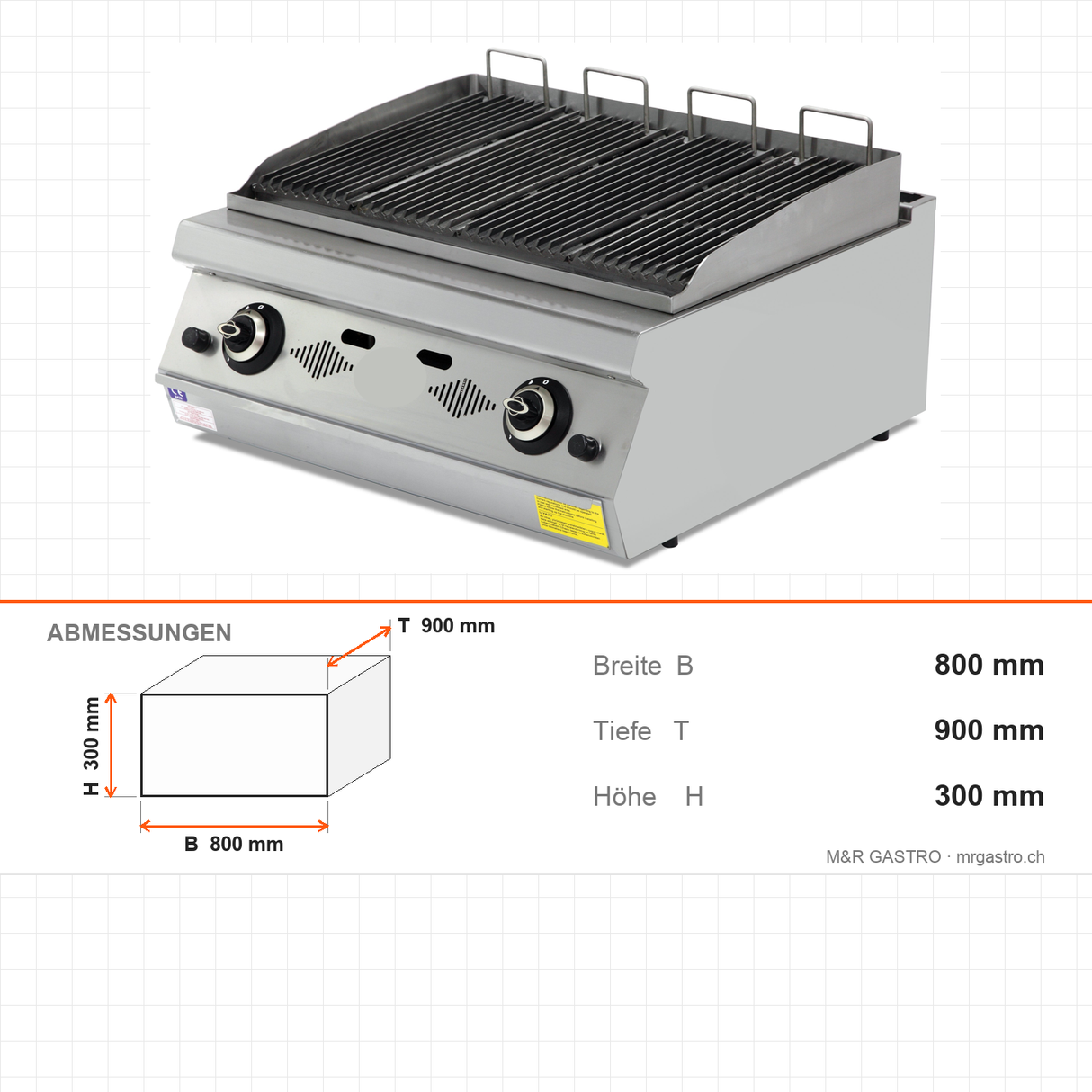 Gas-Wassergrill, Gusseisenrost, 14 kW, 2 Heizzonen, Piezozündung, Edelstahl, 800×900×300 mm, Serie 900 – Abmessungen