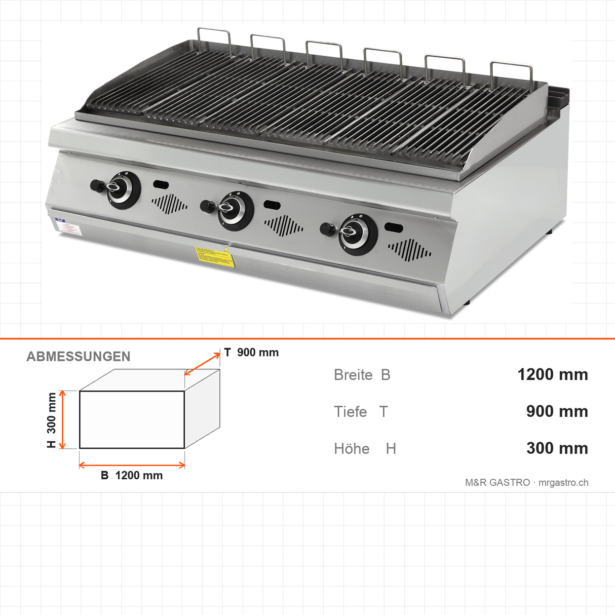 Gas-Wassergrill, Gusseisenrost, 21 kW, 2 Heizzonen, Piezozündung, Edelstahl, 1200×900×300 mm, Serie 900 – Abmessungen