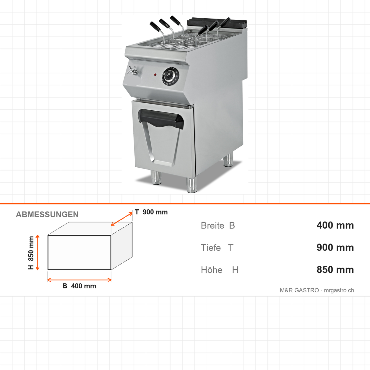 Elektro-Nudelkocher, 12 kW, Edelstahlkörbe, Wasserfüllhahn, Ablaufventil, 400V, 400×900×850 mm, Serie 900 – Abmessungen