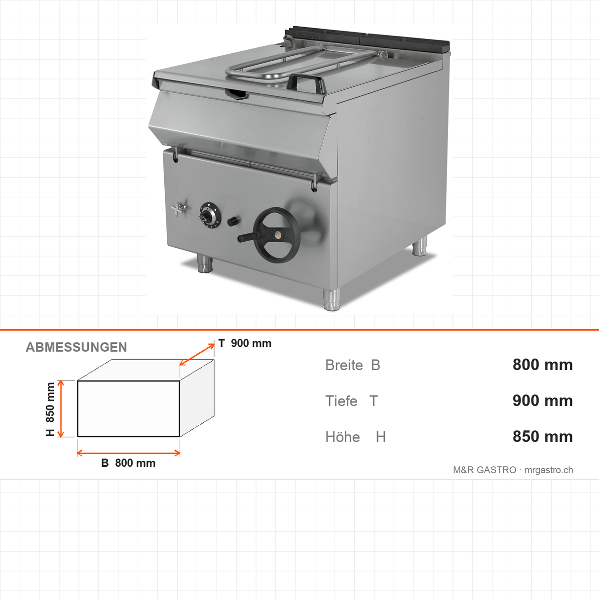 Gas-Kippbratpfanne, 80 Liter, 11,2 kW, Handhebung, Edelstahl, 800×900×850 mm, Serie 900 – Abmessungen