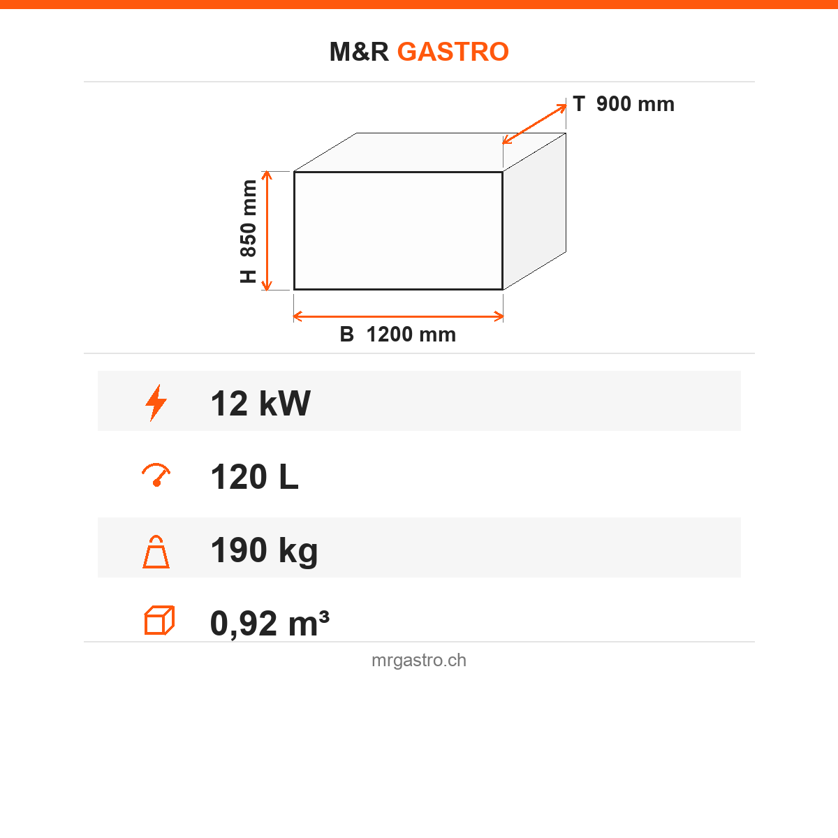 Elektro-Kippbratpfanne, 120 Liter, 12 kW, Handhebung, Thermostat, 400V, Edelstahl, 1200×900×850 mm, Serie 900 – Technische Daten