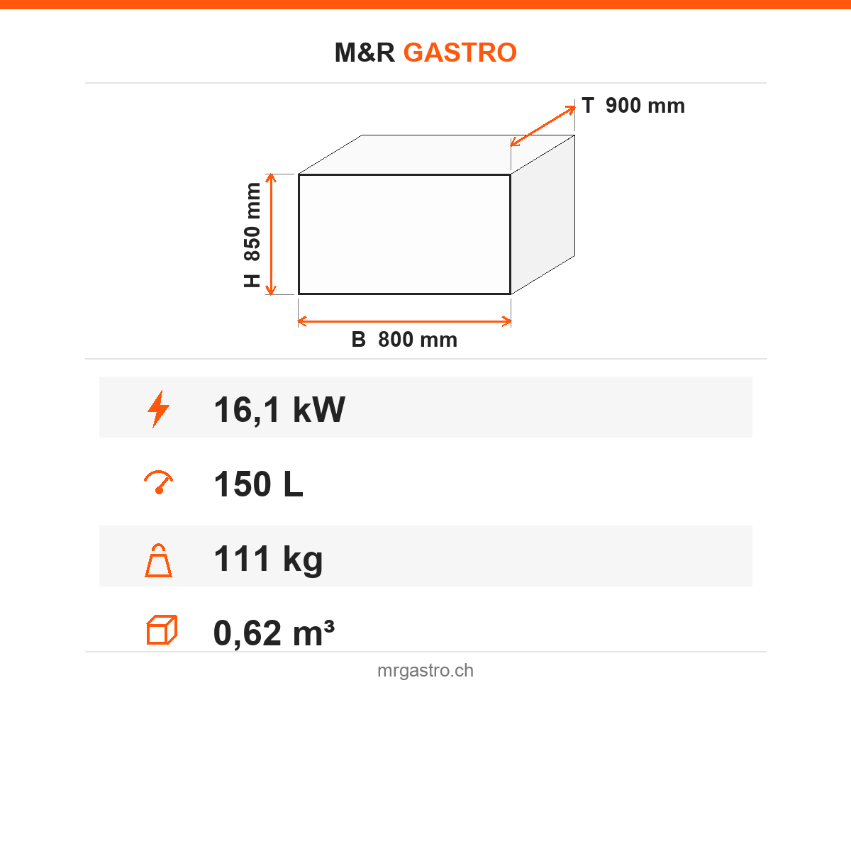 Gas-Kochkessel, indirekte Beheizung, 150 Liter, 16,1 kW, doppelwandig, Edelstahl, 800×900×850 mm, Serie 900 – Technische Daten