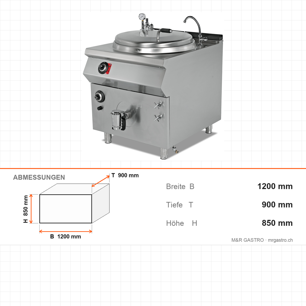Gas-Kochkessel, indirekte Beheizung, 250 Liter, 32,2 kW, doppelwandig, Edelstahl, 1200×900×850 mm, Serie 900 – Abmessungen
