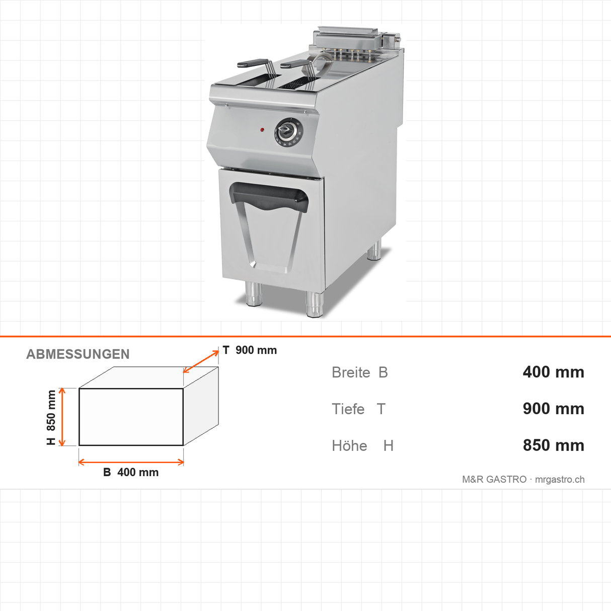 Elektro-Fritteuse, 24 Liter, 18 kW, Edelstahlkörbe, Thermostat, 400V, Edelstahl, 400×900×850 mm, Serie 900 – Abmessungen