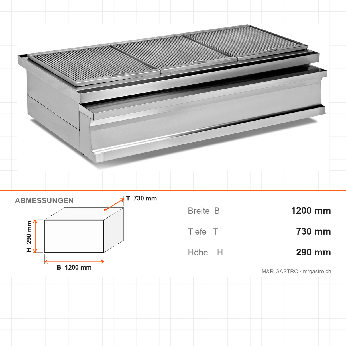 Kohlegrill, Edelstahl, feuerfester Stein, Ascheschublade, 1200×730×290 mm – Abmessungen