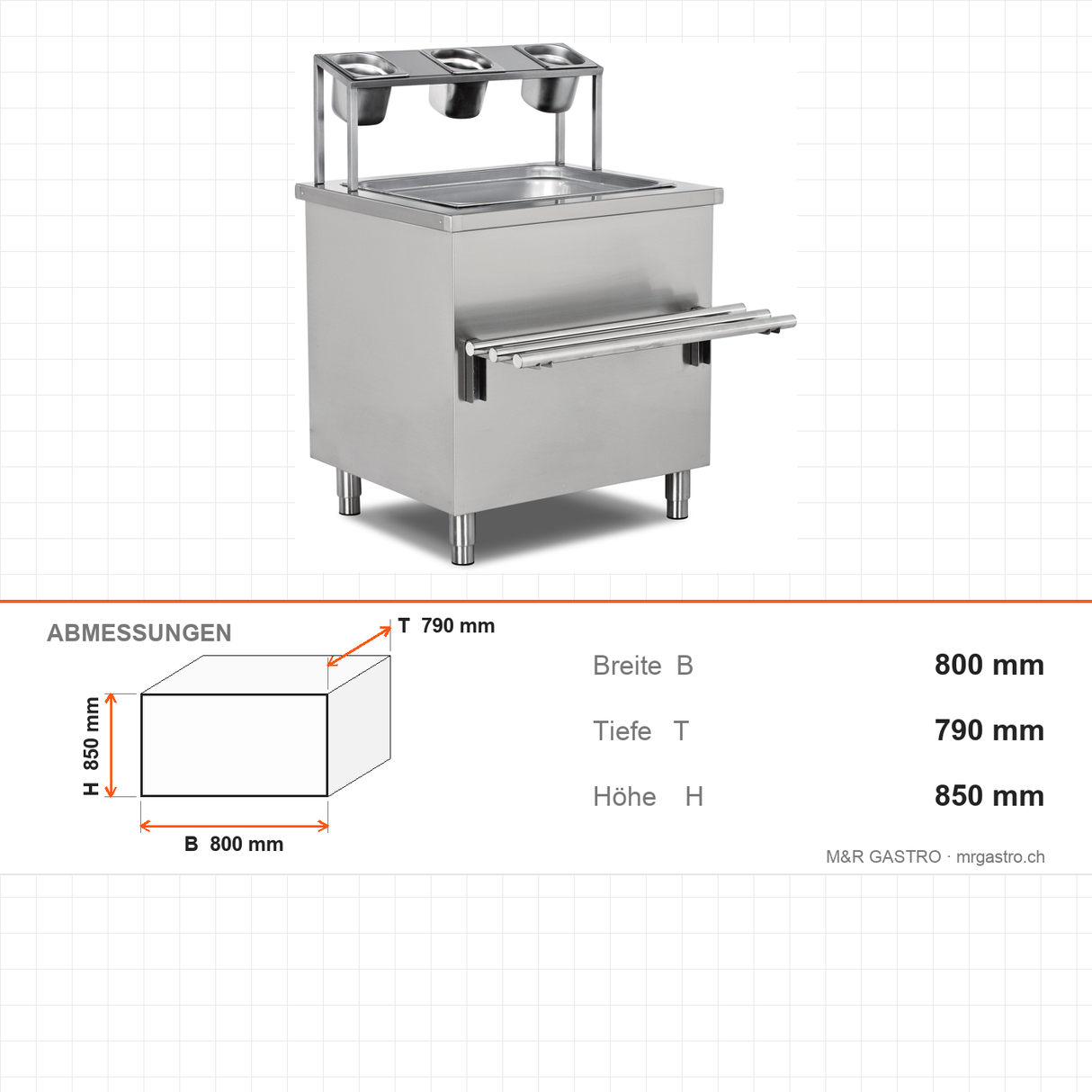 Besteckstation neutral, 0,8 m³, 800×790×850 mm, Edelstahl, Holzfront optional – Abmessungen