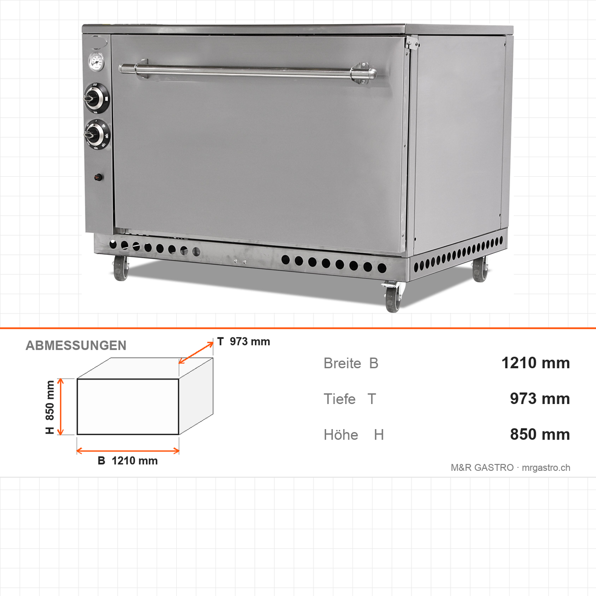 Lammbackofen Gas, einlagig, 16,5 kW, Edelstahl, 1210×973×850 mm – Abmessungen