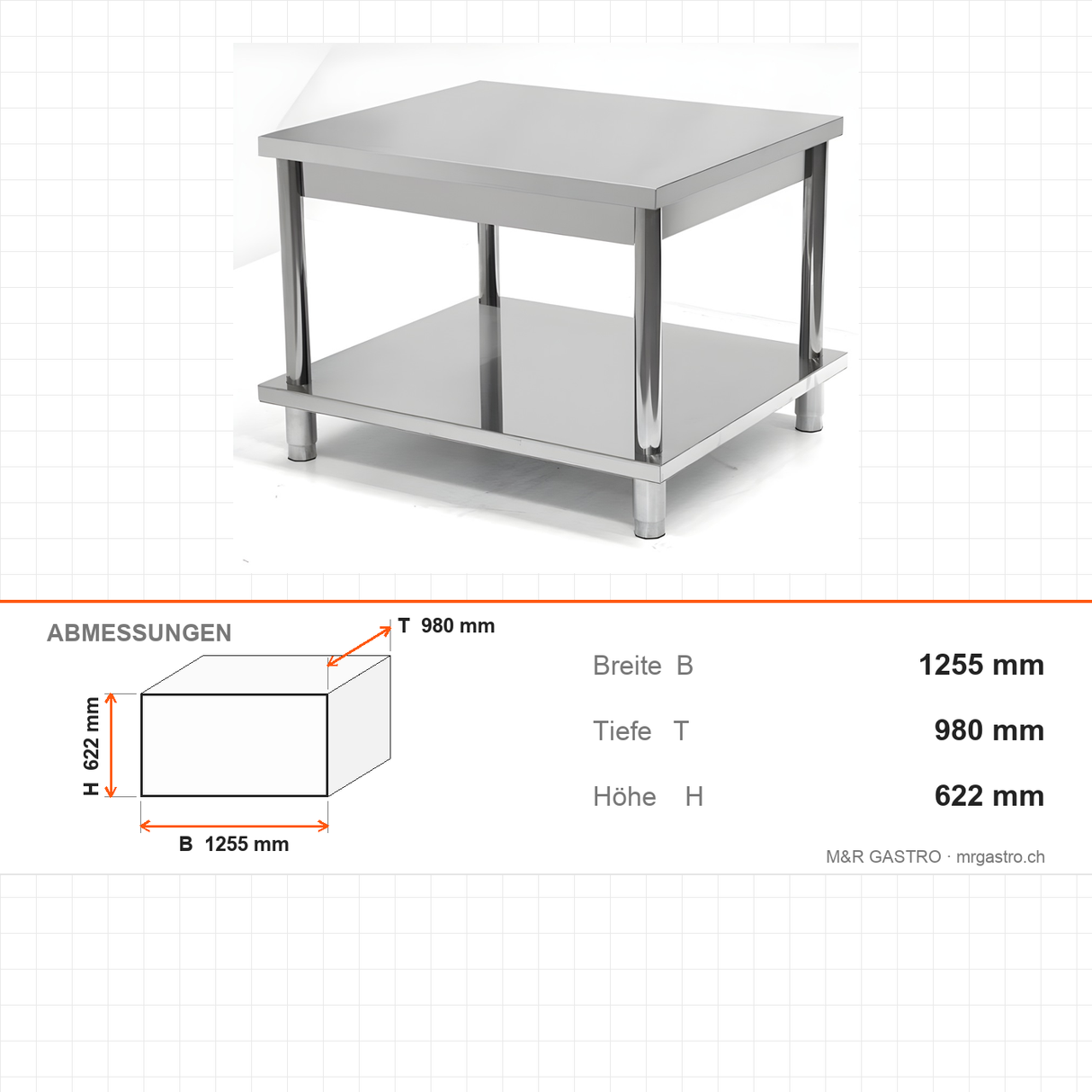 Untergestell, 0,77 m³, 1255×980×622 mm, Edelstahl AISI 304 – Abmessungen