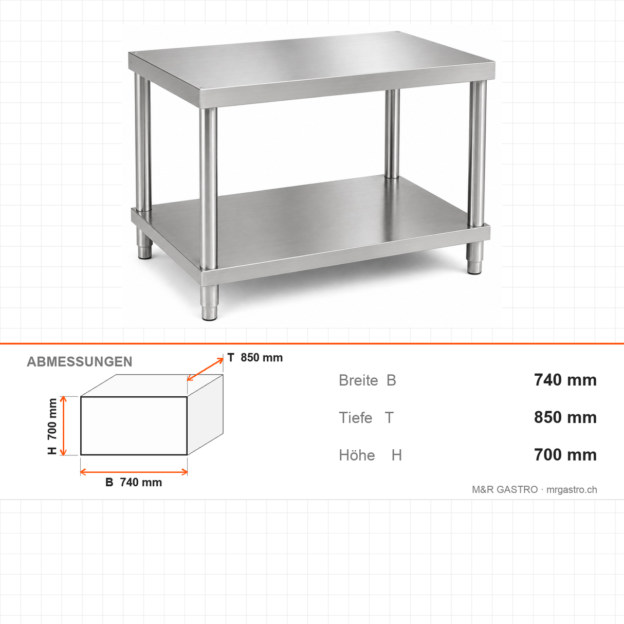 Untergestell, 0,45 m³, 740×850×700 mm, Edelstahl AISI 304 – Abmessungen