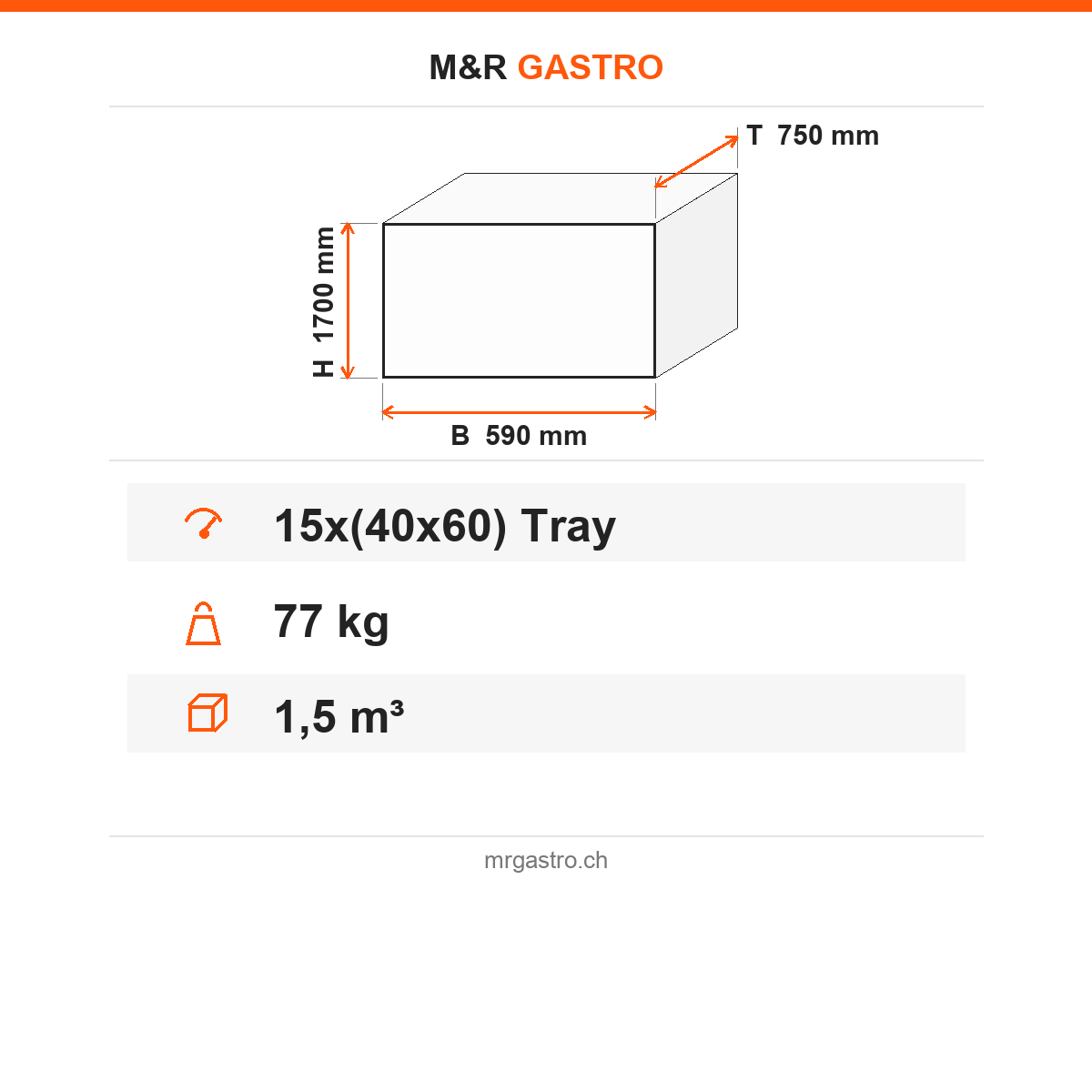 Tablettwagen, für 15 Tabletts 40×60 cm, 1,5 m³, 77 kg, 590×750×1700 mm – Technische Daten