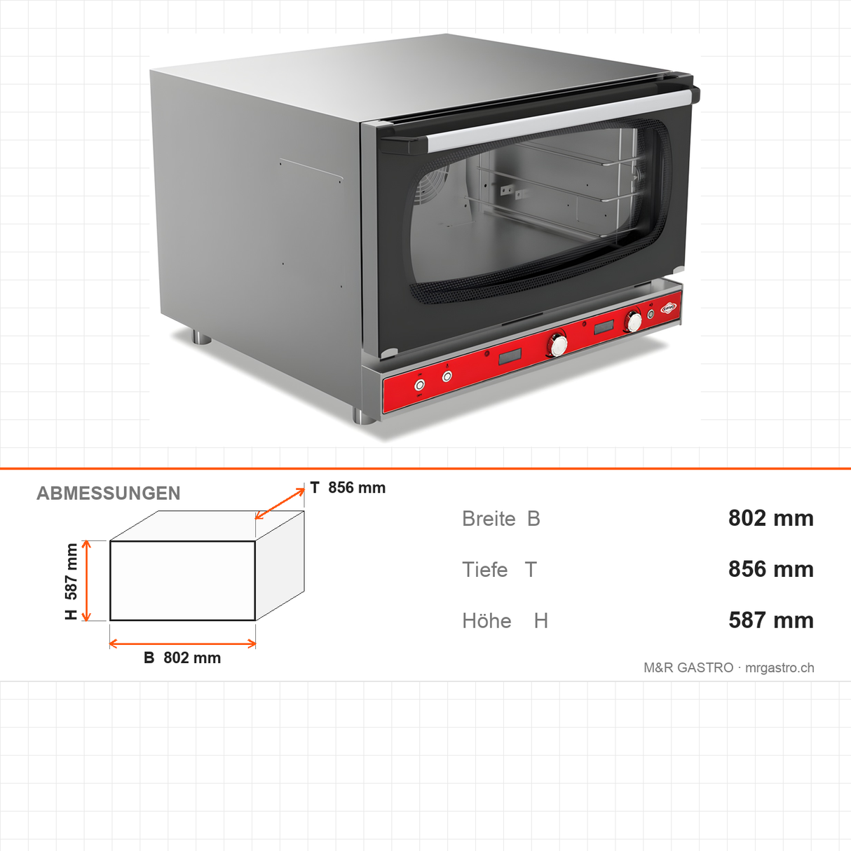 Heissluftofen Patisserie, manuelle Dampffunktion, 4x EN 600×400, 7 kW, 230V, Türöffnung oben, 802×856×587 mm – Abmessungen