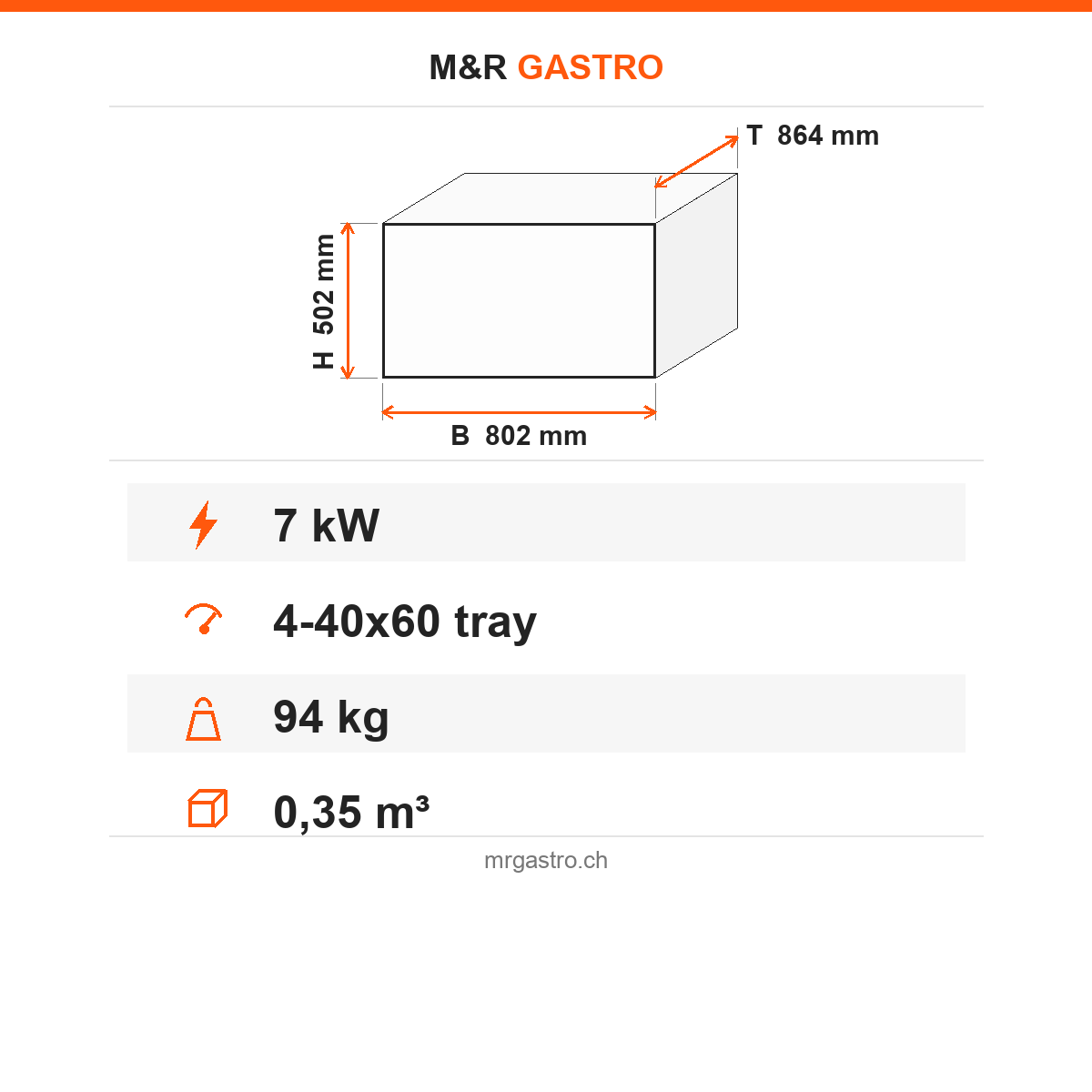 Heissluftofen Patisserie, manuelle Dampffunktion, 4x EN 600×400, 7 kW, 230V, Türöffnung seitlich, 802×864×502 mm – Technische Daten
