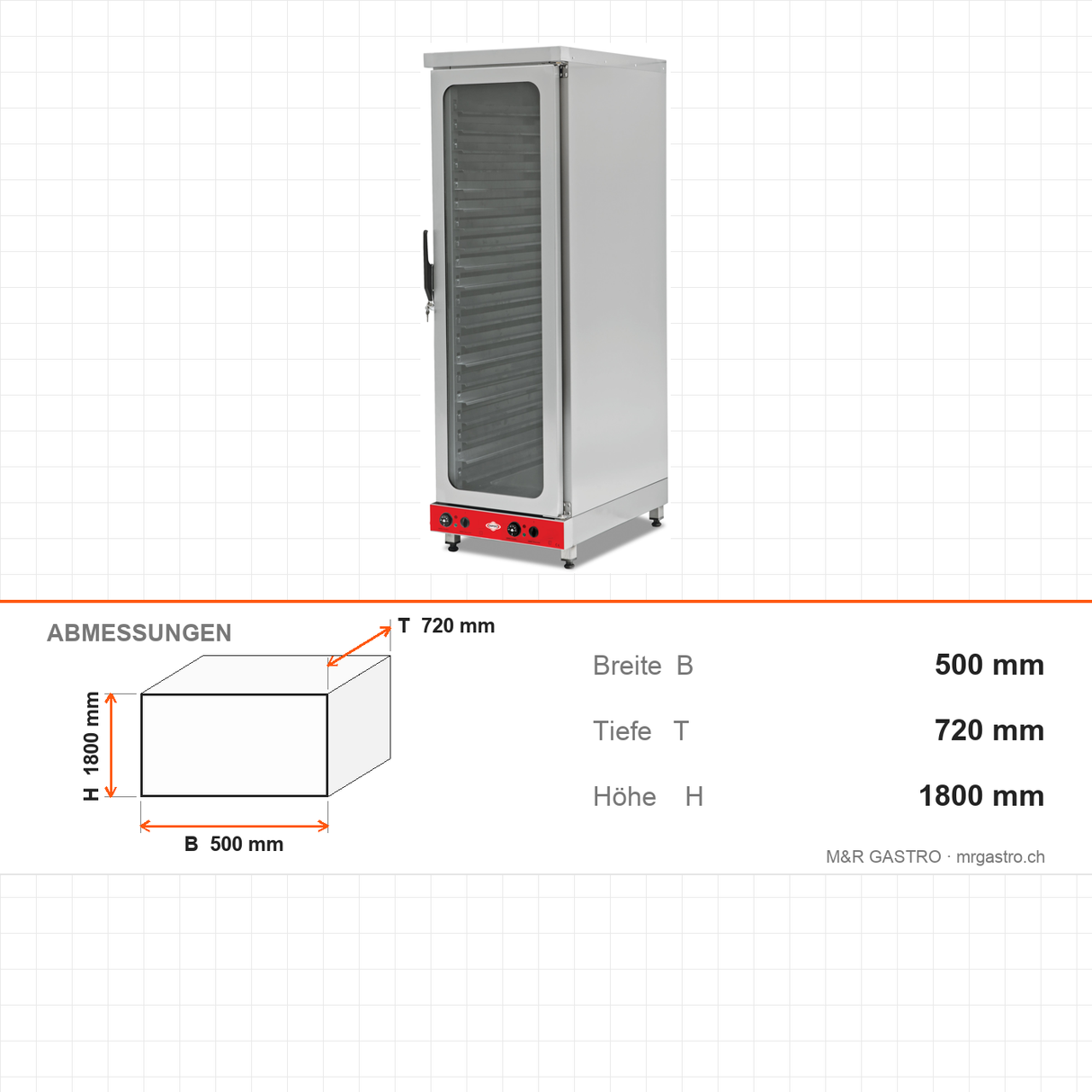 Gärschrank, 16x EN 60x40, dampfbeständig, 30–90 °C, 4 kW, 230V, 500×720×1800 mm – Abmessungen