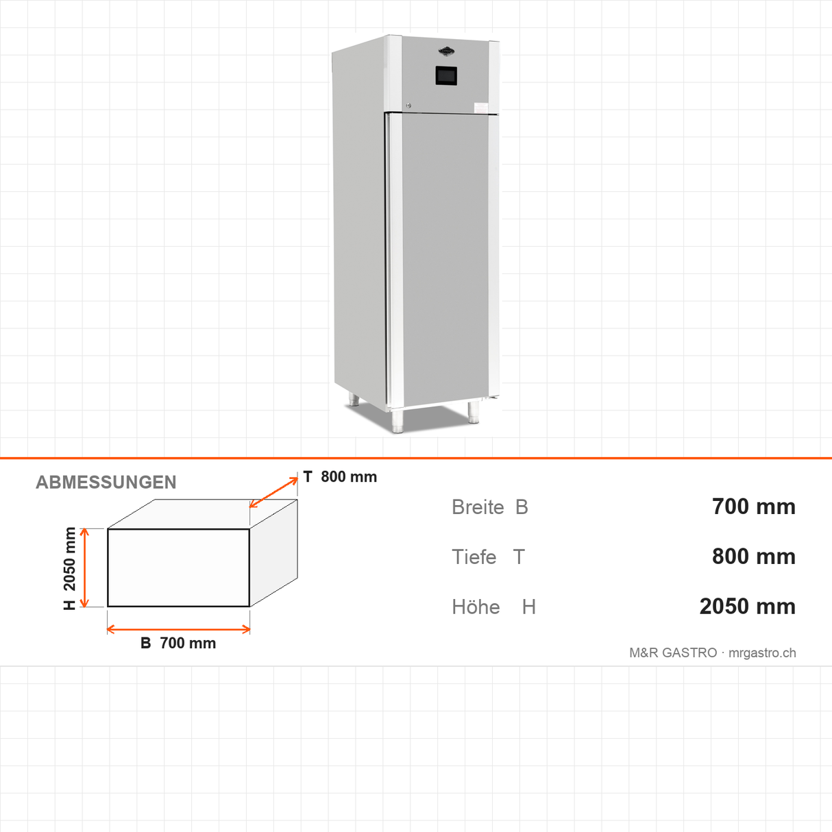 Gärschrank mit Kühlung, Gärunterbrecher, automatische Steuerung, 20x EN 60x40, -18/+80 °C, 700×800×2050 mm – Abmessungen