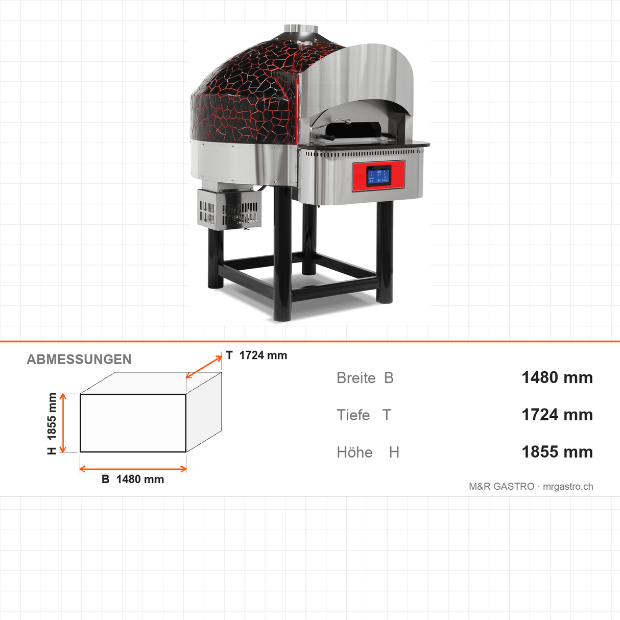 Pizzaofen Gas Drehboden digital, Ø 300 mm 6 Pizzen, 41,2 kW, 75 Stk/h, 1480×1724×1855 mm – Abmessungen
