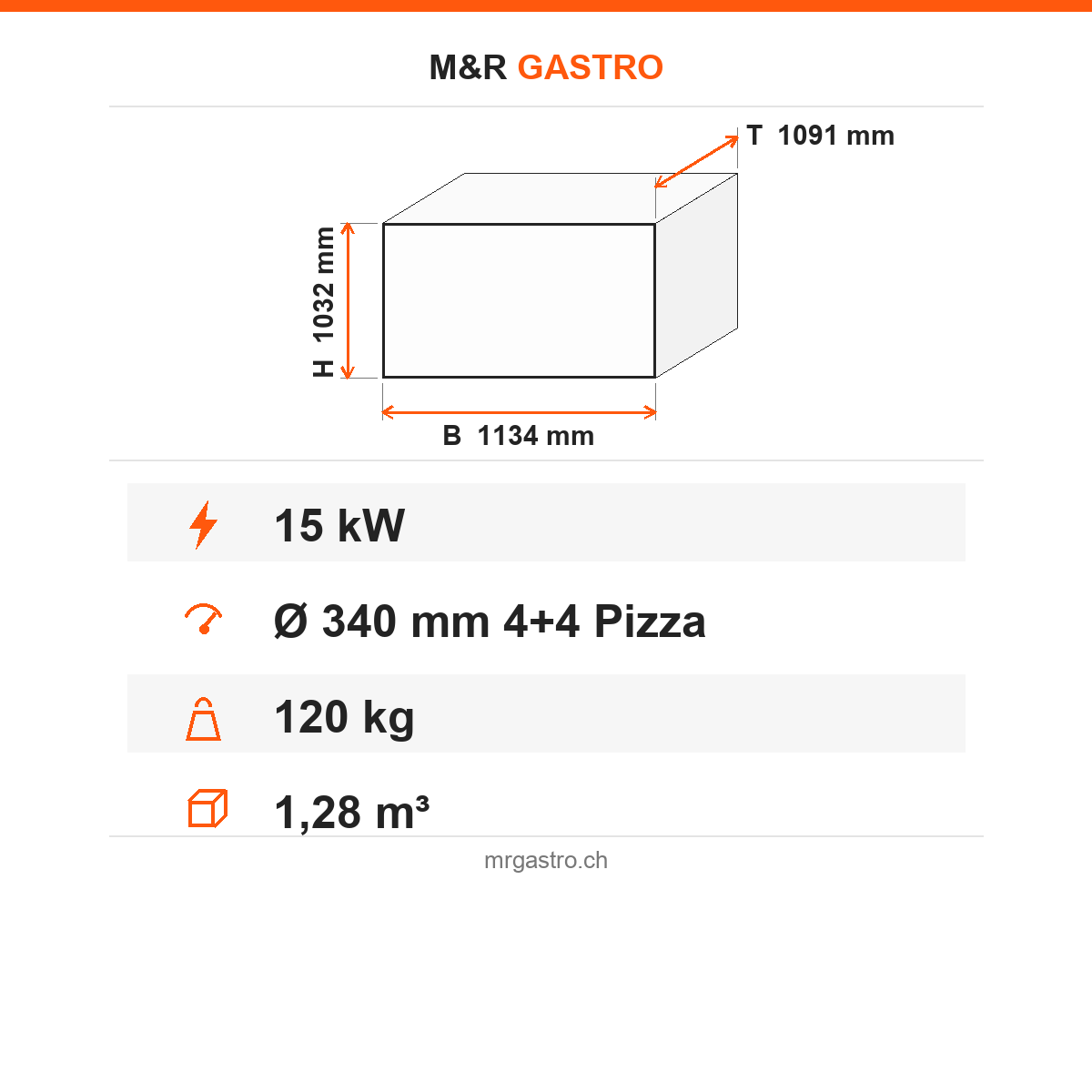 Pizzaofen Elektro Gold Midi zweilagig, Ø 340 mm 4+4 Pizzen, 15 kW, 400 V, 1134×1091×1032 mm – Technische Daten
